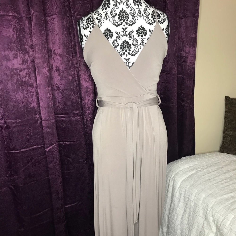 Spaghetti strap slinky material jumpsuit leg split